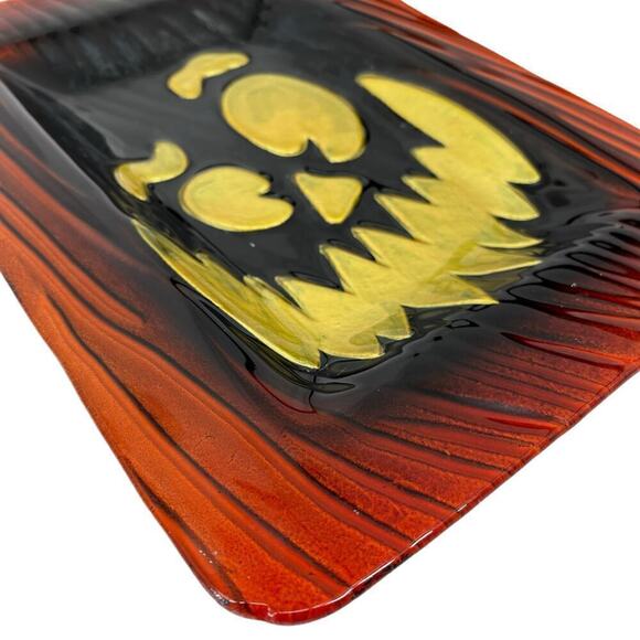 Vintage Halloween Jack-o-Lantern Goofus Glass Serving Tray Plate Orange Black - Picture 2 of 6